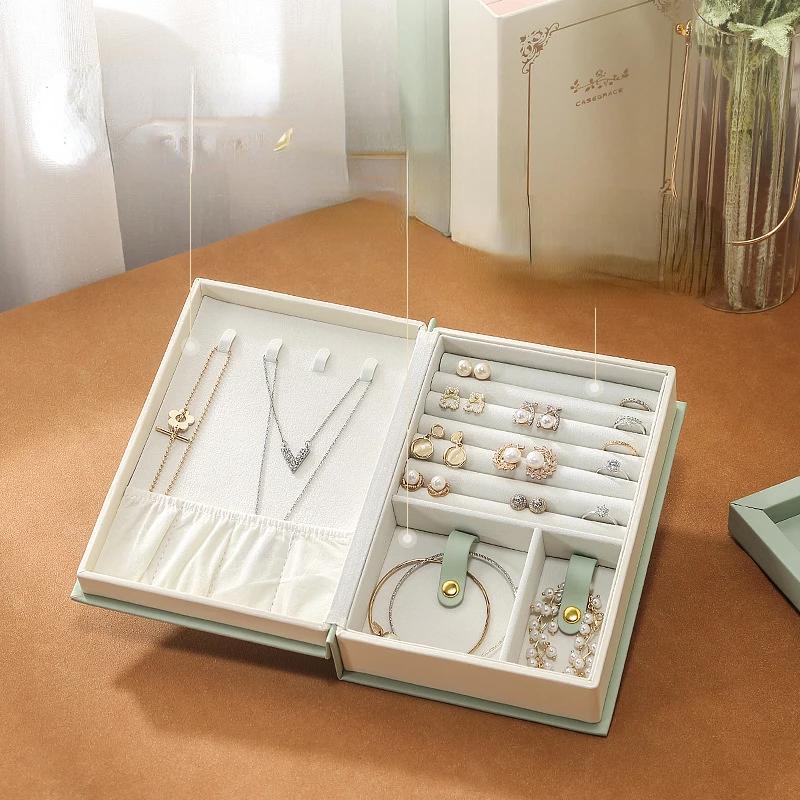 Vintage Flip Cover Book Shaped Jewelry Box for Earrings Ring Storage Holder Leather Travel Home Portable Jewelry Organizer Decor