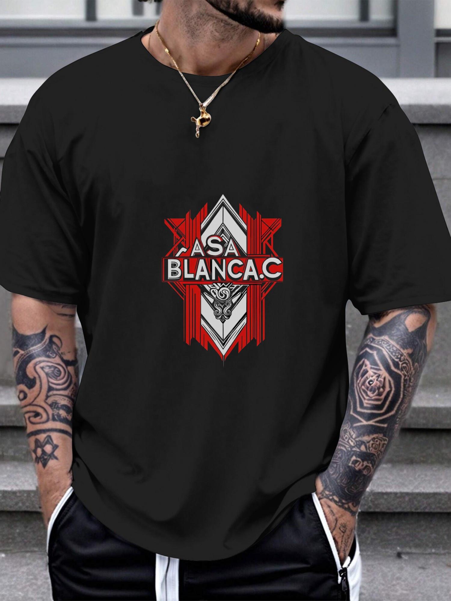 1pc Bold Casa Blanca Emblem Graphic T-shirt - 180g All-Season Cotton Crew Neck Short Sleeve Tee with Geometric Print XXXXL