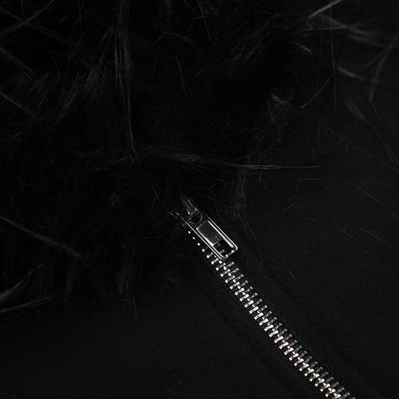 Goth Dark Faux Fur Collar Hooded Cardigans, Zip Up Hoodies, Gothic Grunge Pockets, Black Jackets, Female Y2k Streetwear