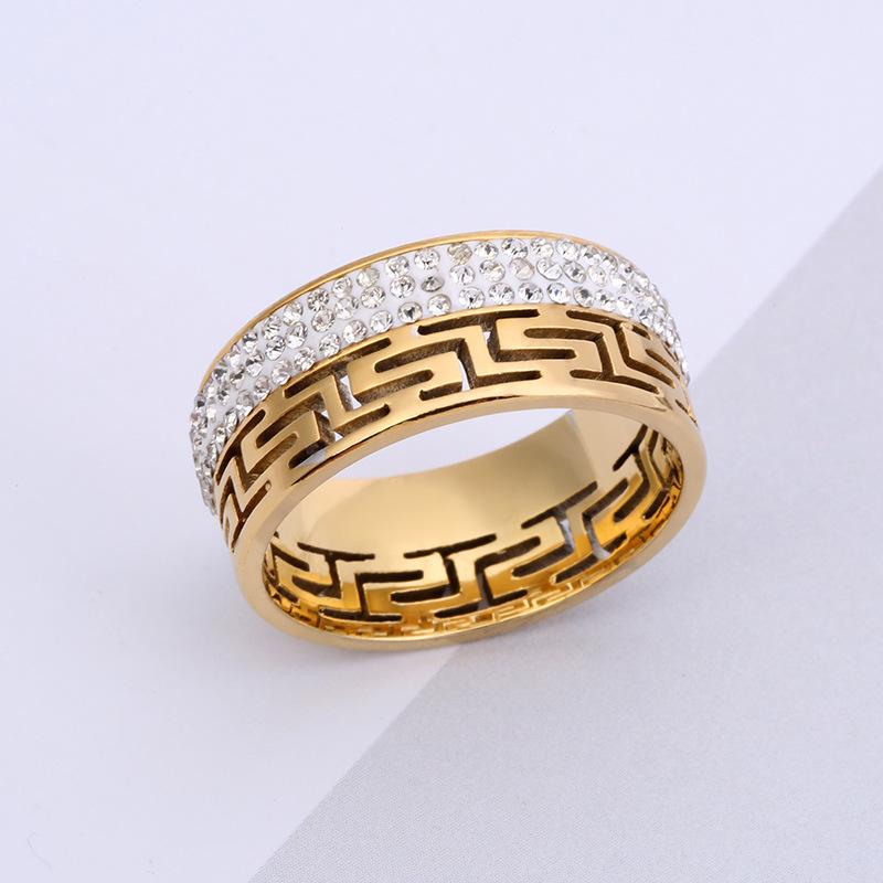 Titanium Steel Hollow-Out Great Wall Pattern Diamond Accent Couple Rings Minimalist Luxury Jewelry 6