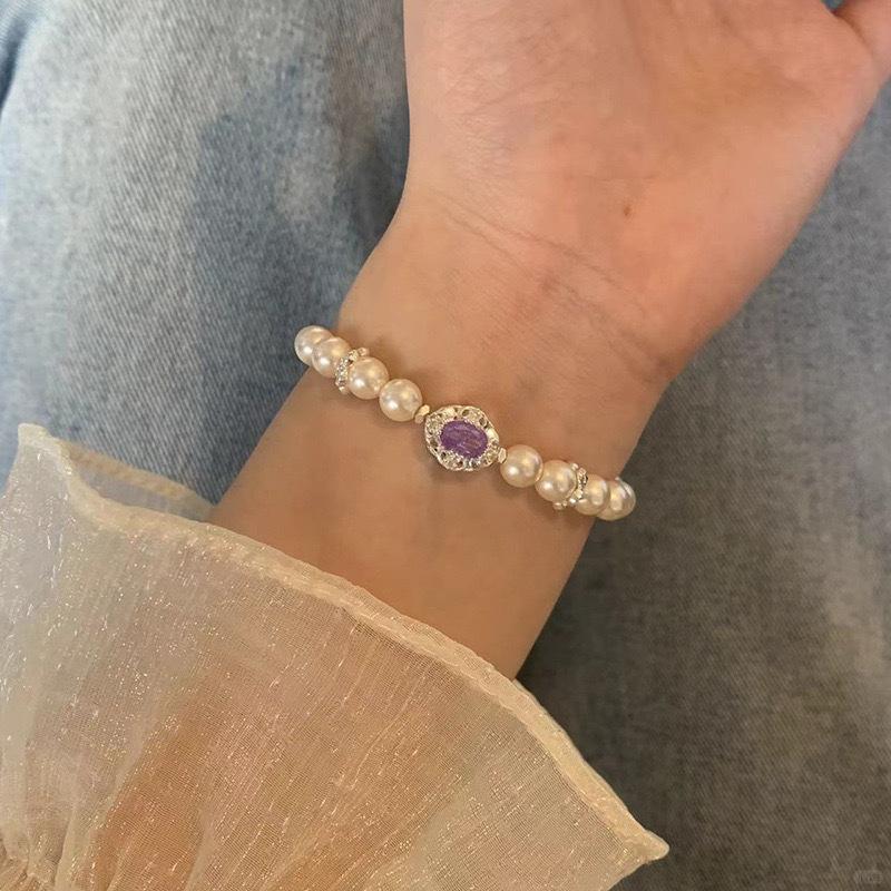 Hot Selling Pearl Beaded Bracelet 2025 New Oval Purple Zircon Pigeon Egg Elastic Rope Bracelet