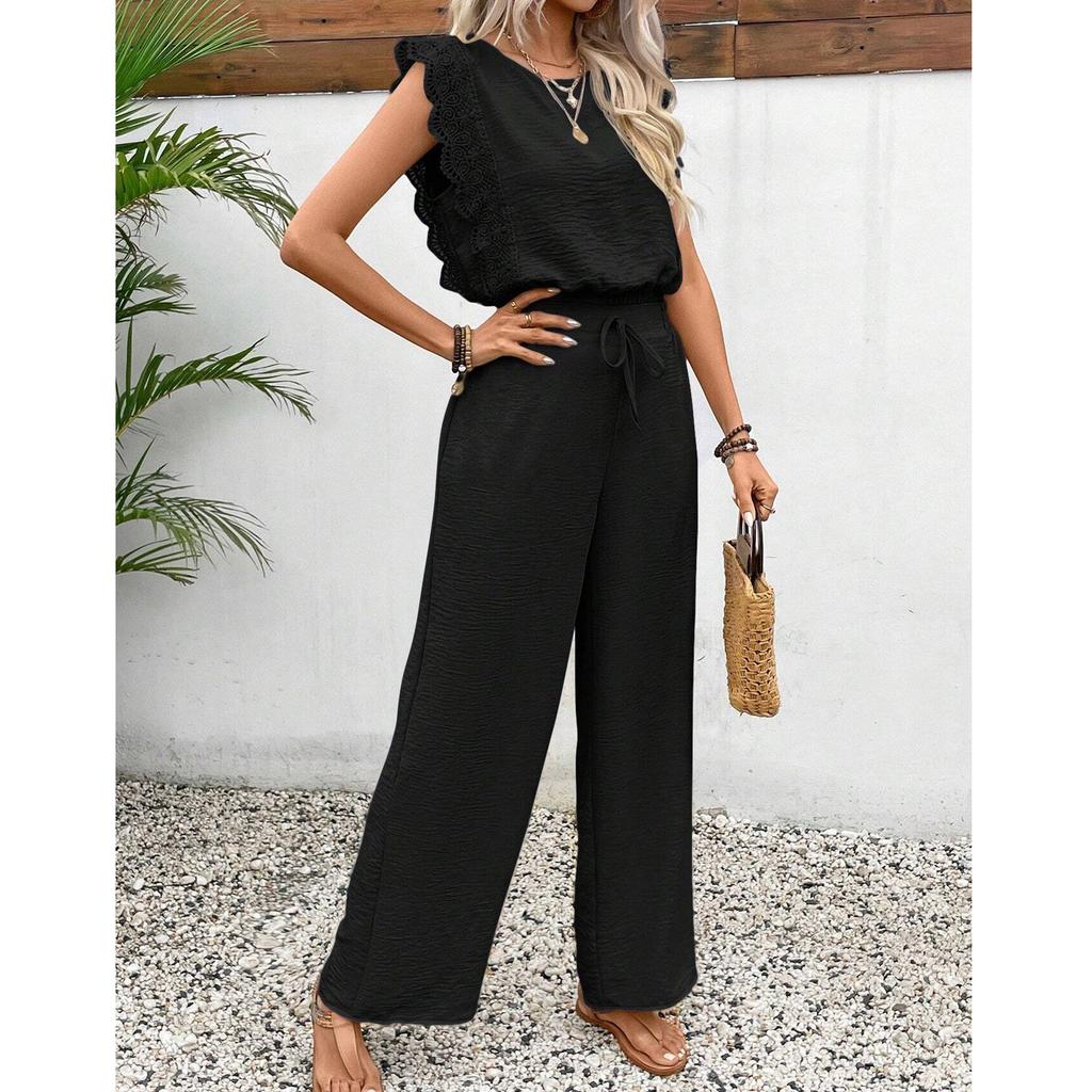Women's Loose Casual Solid Color Ruffled Sleeve Round Neck Drawstring Pants Set
