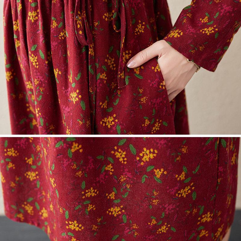 Women's Fall Waisted Cotton and Linen Dress Floral Long-sleeved Thin Long Skirt