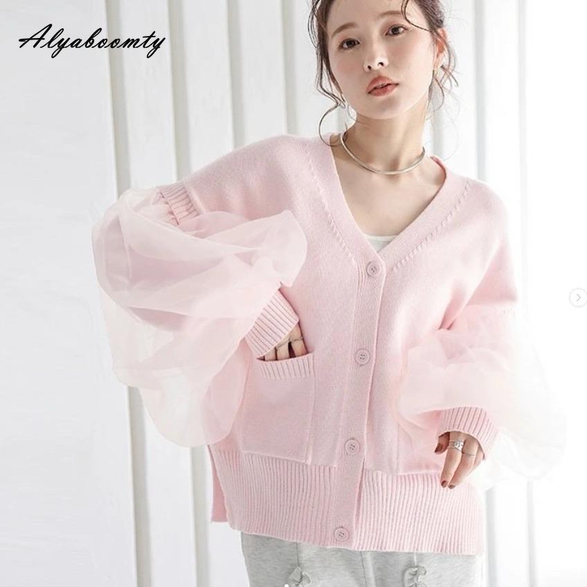 

Корейский Ульцзанг Осень Зима Женский Кардиган V-образный вырез Белый Черный Розовый Оверсайз Вязаное Пальто Сетчатый Рукав Фонарик Вязаное Пальто с Карманами One Size розовый