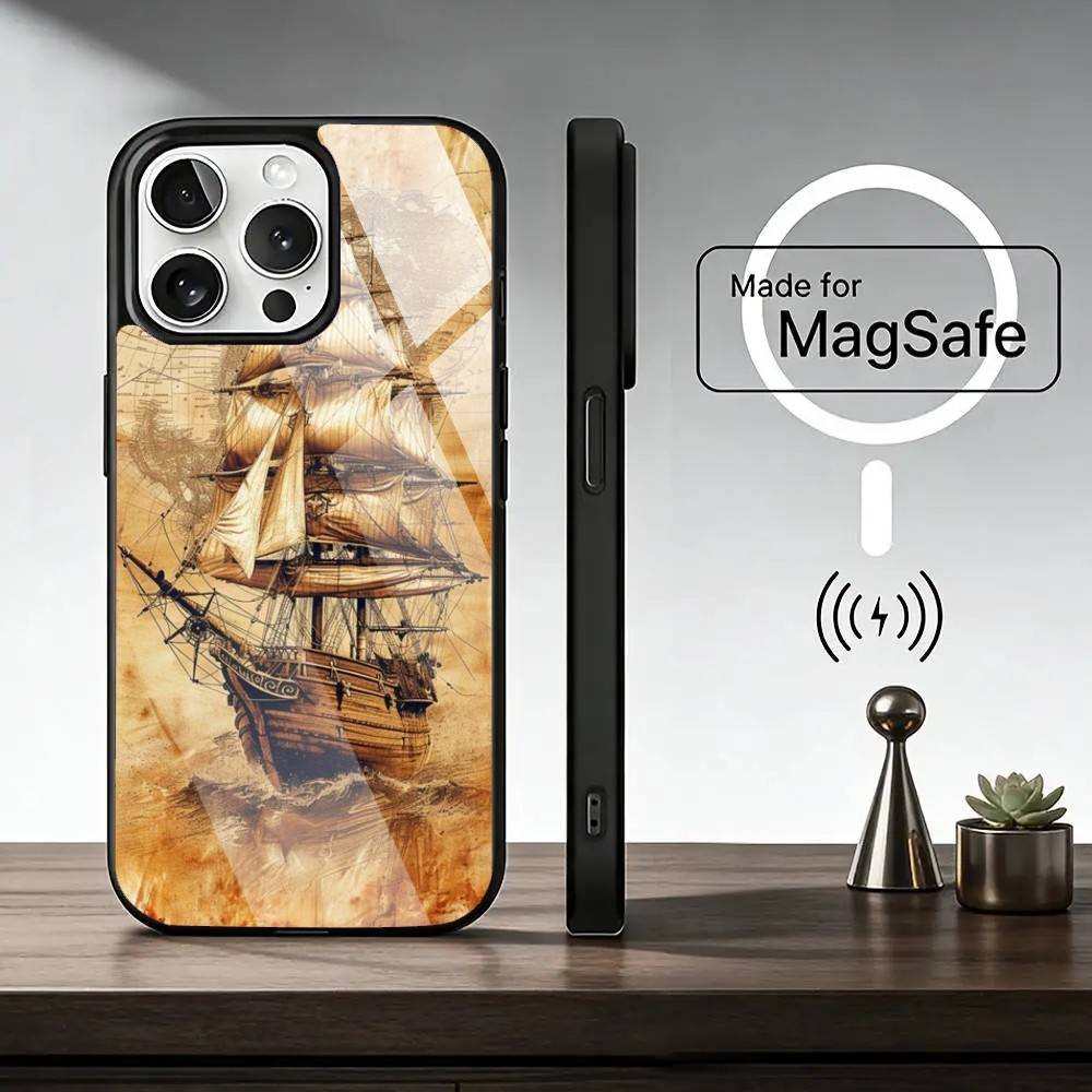 Sailing Ship B-Boat Phone Case For iPhone17,16,15,14,13,12,11 Plus,Pro Magnetic with Magsafe Wireless Charging iPhone12PRO