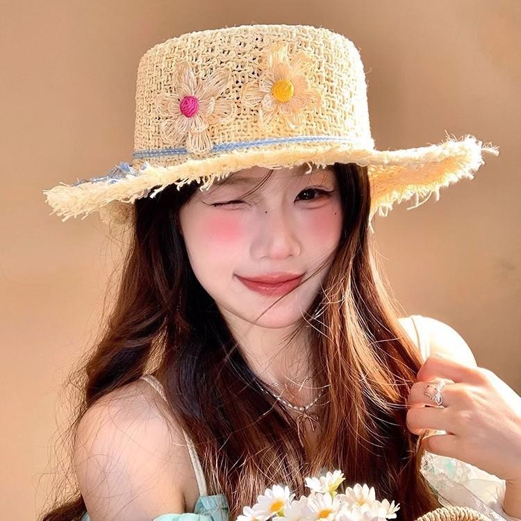 Summer Plant Flower Flat Top Sun Hat With Wide Brim For Beach Vacation And Sun Protection