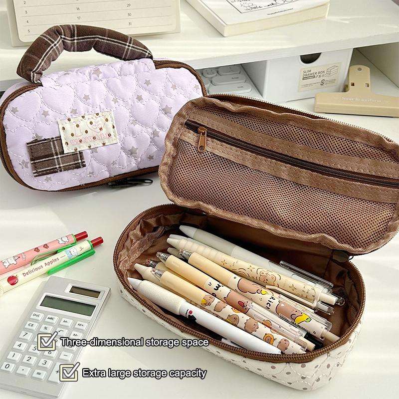 1PC Vintage Handheld Pen Bag Love Polka Dot Pencil Case Large Capacity Student Stationery Bag
