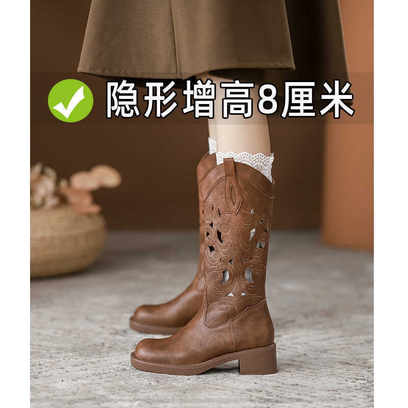 Inner Heightening Western Cowboy Boots Summer Thick-soled Embroidered Hollow Knight Boots Vintage Martin Boots Chelsea Boots