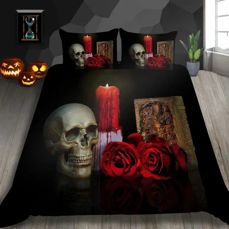 Skelett King Queen Bettbezug Totenkopf Bettwäsche Set für Kinder Teenager Erwachsene Halloween Schlafzimmer Dekor Weicher Bettbezug Kissenbezüge