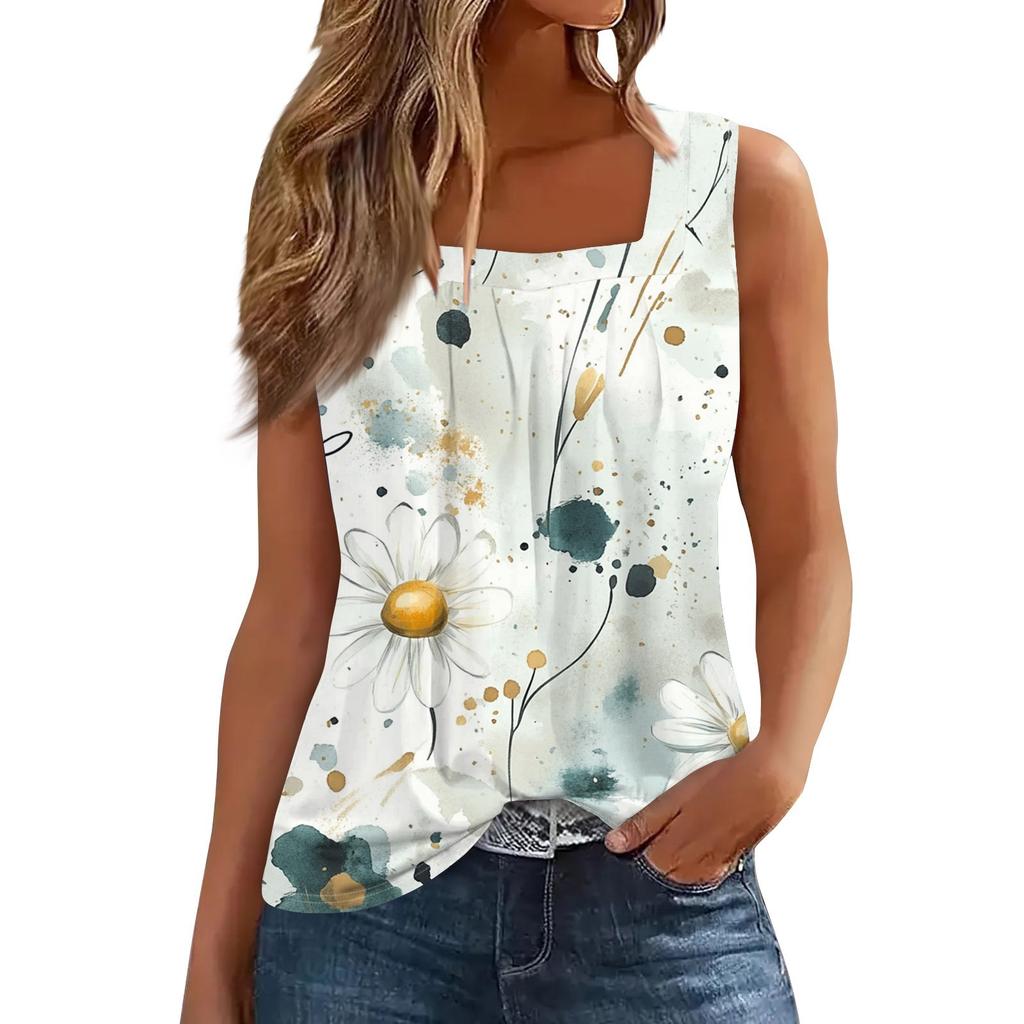 Damen Plissiertes Quadratischer Ausschnitt Ärmellos Tank Top Blumenmuster T-Shirt