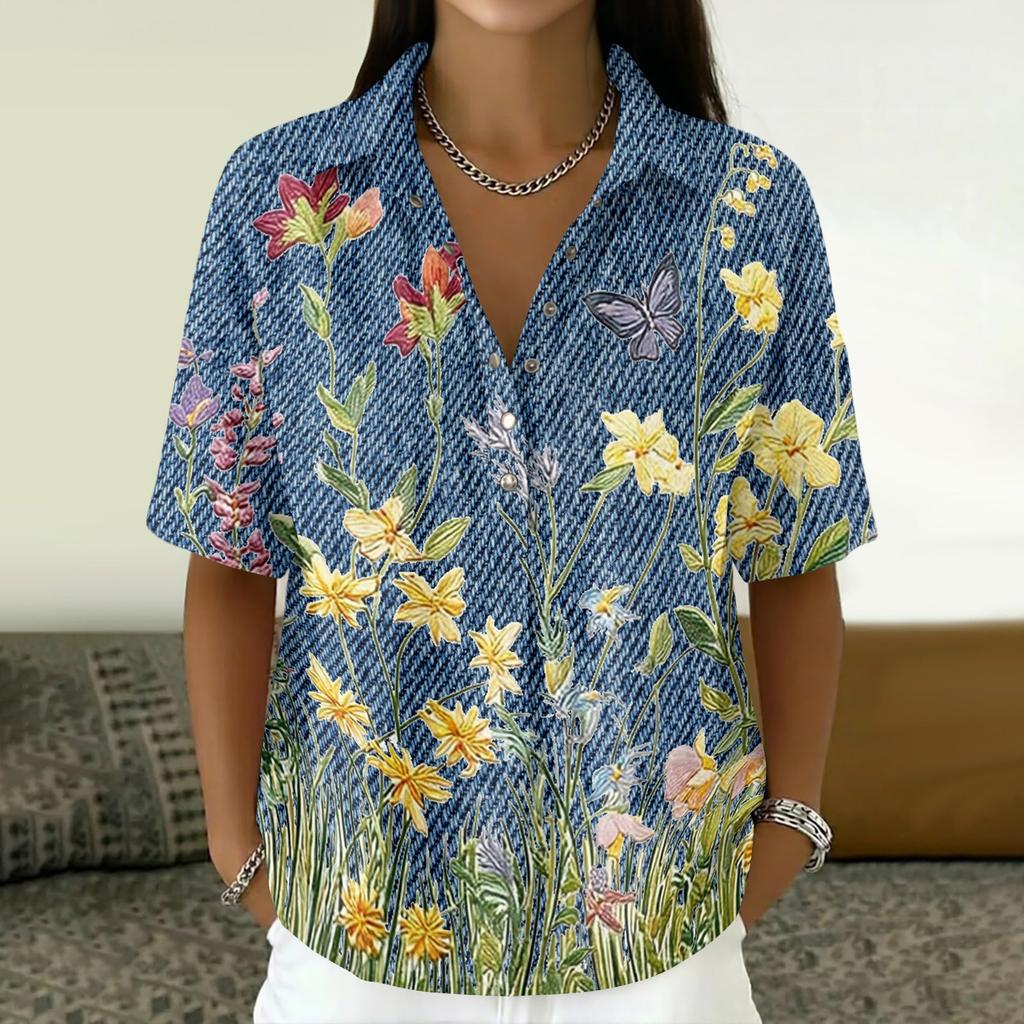Women's Fashion Polo Collar Button Vintage Floral Print Loose Fit Short Sleeve T Shirt Linen Blend Casual Top