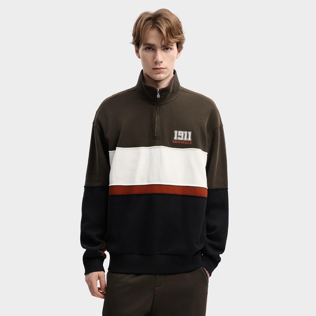 FILA Original Fashion Classic Retro Sports Style Casual Trendy Striped Color Block Comfortable Versatile Half-Zip Loose Sweatshirt F11M619211FBN