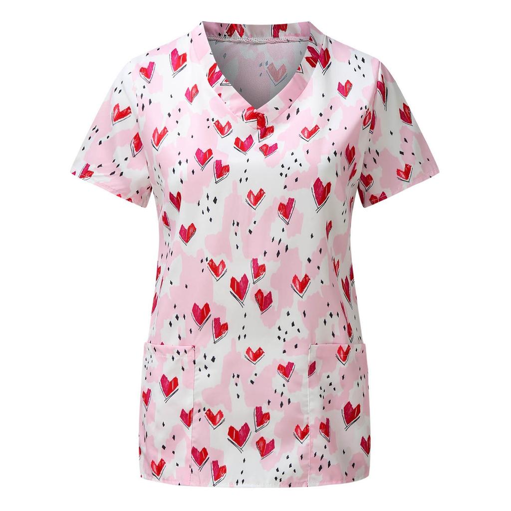 Uniforms Women Medical Elegant Heart Print Obstetrics Medico Top Fashion V-Neck Short Sleeve with Pocket Clinical Uniforms Woman