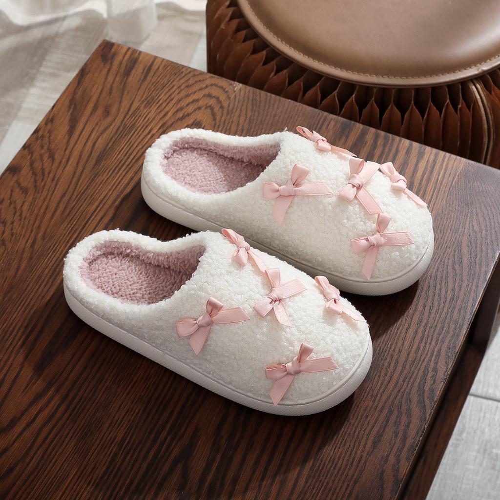 Comemore Autumn and Winter Bowkont Cute Plush Cotton Slippers Women Warm Indoor Shoes Casual Flat Soft Sole Slides Women's Shoes