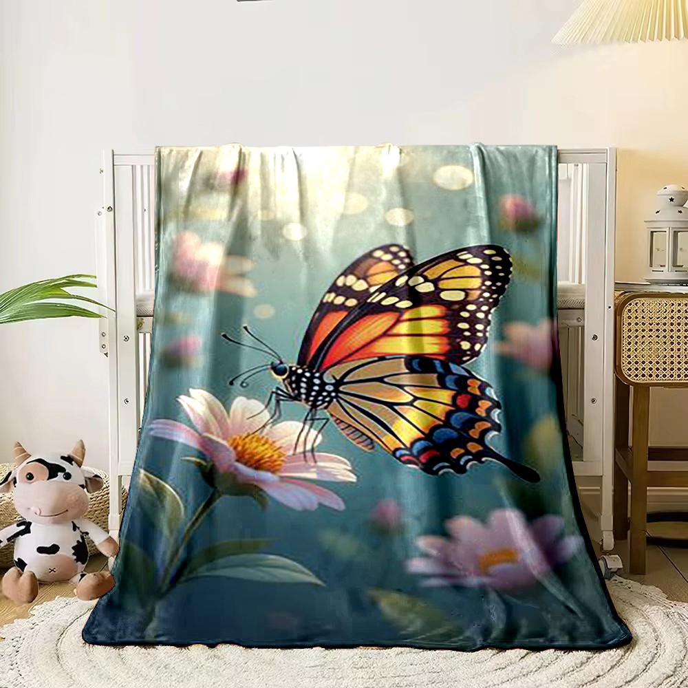 Butterfly and Flowers Illustration Flannel blanket for bedroom living room sofa and nap