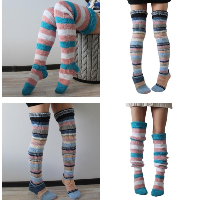 Women Vintage Colorful Striped Knitted Thigh High Tube Stockings Preppy Style Slouchy Over Knee Boot Socks Leg Warmers
