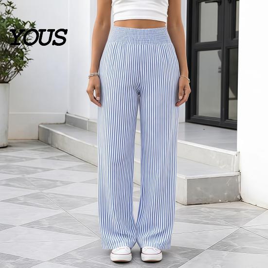 Breathable Summer Pants Women Striped Wide Leg Pants, Elastic Waist Casual Trousers Trousers, Loose Fit Palazzo with Pockets Lightweight