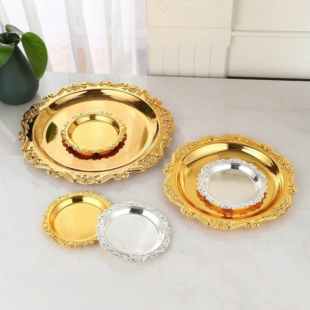 Golden Silver Cake Tray Round Dinner Serving Tray Retro Fruit Snack Plate  Party Decorative