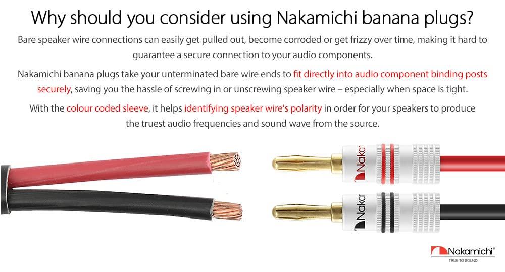 Nakamichi Banana Plugs 24K Gold Plated Speaker Cable Connectors Aluminum Metal Shell Gauge Size 4mm Pieces Banana 12AWG-18AWG (10 (5 Pairs), Plugs)