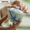 130ml Hand-painted Bamboo Blue And White Gaiwan Antique Tea Tureen Tea Bowl With Lid Kit Tea Maker Cover Bowl Teaset Ornaments
