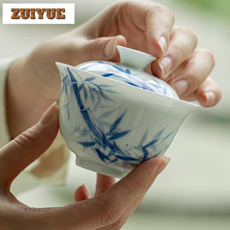 130ml Hand-painted Bamboo Blue And White Gaiwan Antique Tea Tureen Tea Bowl With Lid Kit Tea Maker Cover Bowl Teaset Ornaments