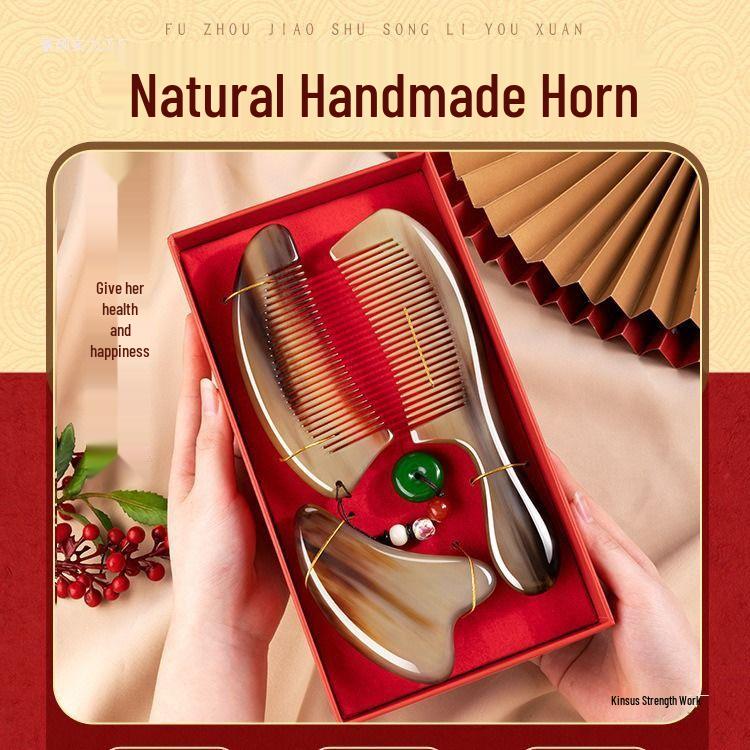 Ox Horn Comb Gift Set: Wedding Pair, Practical Comb for Mother's Day & Valentine's Gifts