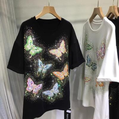 Women's Spring Summer Butterfly Pattern Short Sleeve Colorful Pattern Fashion T-Shirt Round Neck Large Size Top