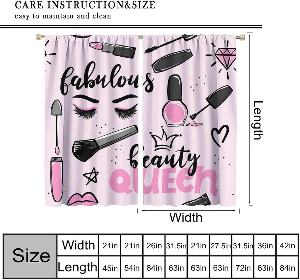 Fashion Makeup Curtains Pink Theme Lipstick Perfume Girl Makeup Blackout Window Treatment for Kids Girl Bedroom Cloakroom Decor
