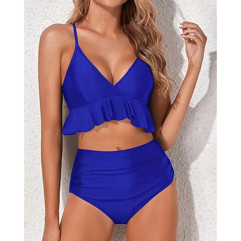 Bikiny s vysokým pasem Plavky Jednobarevné Oddělený design Detaily s listovým okrajem Čínská značka Dámské módní plavky