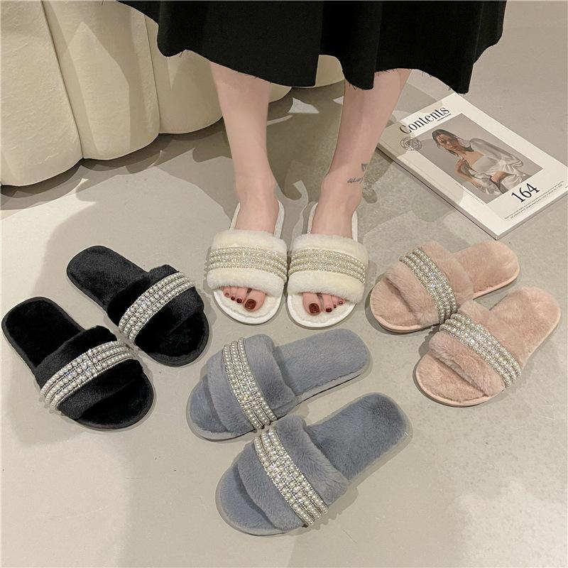 Cotton Slippers Women's Winter New Pearl Indoor Ins Home Household One-word Warm and Non-slip Maternity Plush Slippers