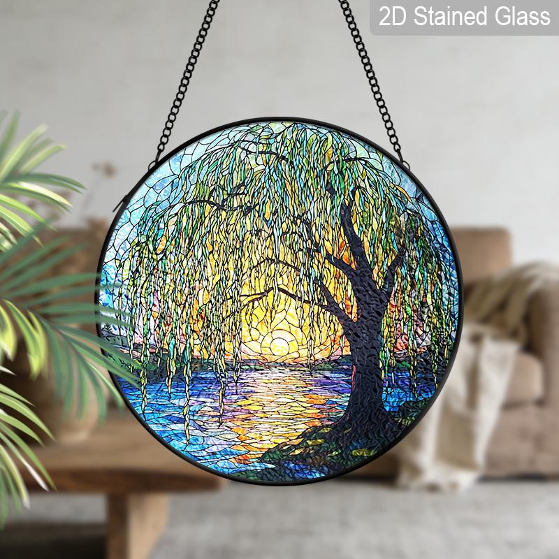 2D Flat Stained Glass Willow Tree Window Decoration Colored Glass Plate, 7.87inches Nature Tree Hanging Sun Catcher with Chain, Spring Summer Home