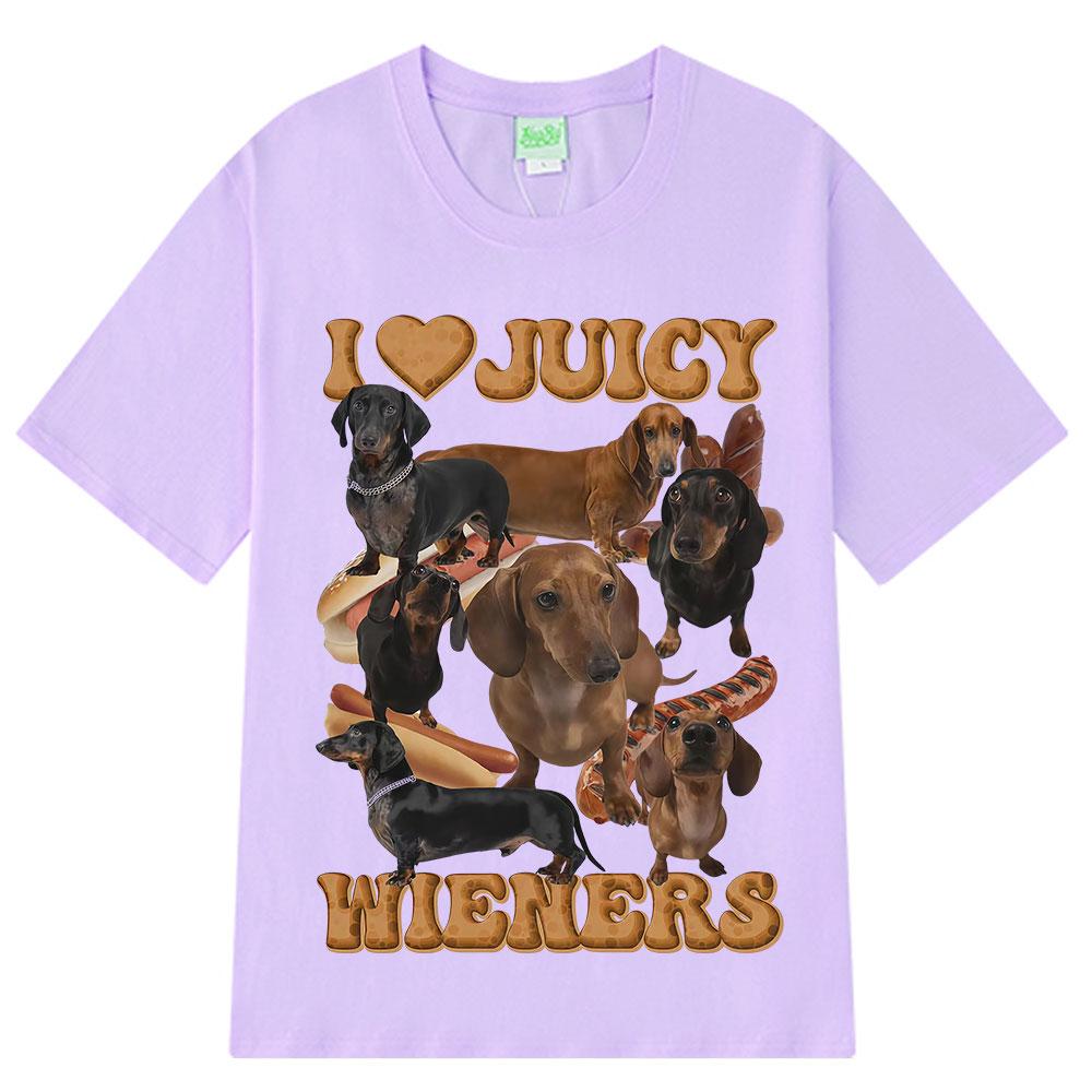 I Love Juicy Wiener Funny Dog Meme T-Shirt Summer Hip-hop T-shirts for Men and Women Short-sleeved Oversized Casual T-shirts Top
