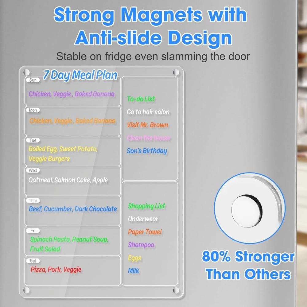 1Pcs Acrylic Magnetic Meal Planner Menu Board - Clear Weekly Calendar for Kitchen Fridge W/ 8 Markers, Refrigerator Noteboard