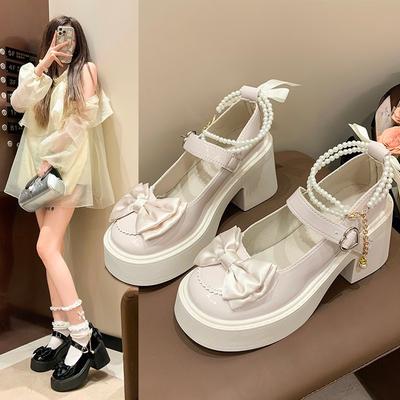 French Mary Jane Small Leather Shoes Women's 2025 New Summer Heightening Bow with Skirt Thick Heel High Heel Single Shoes