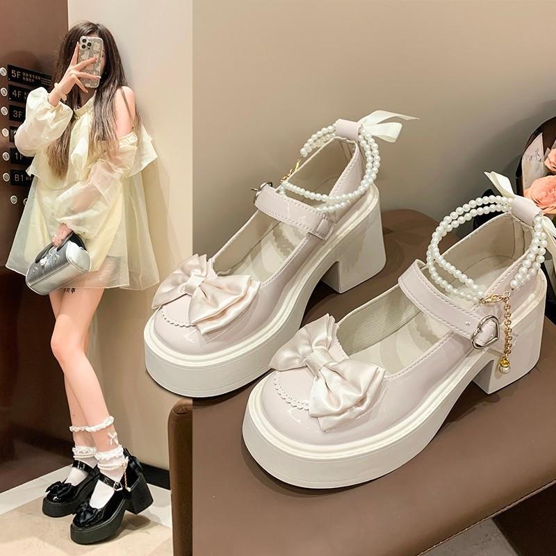 French Mary Jane small leather shoes women's 2025 new summer heightening bow with skirt thick heel high heel single shoes
