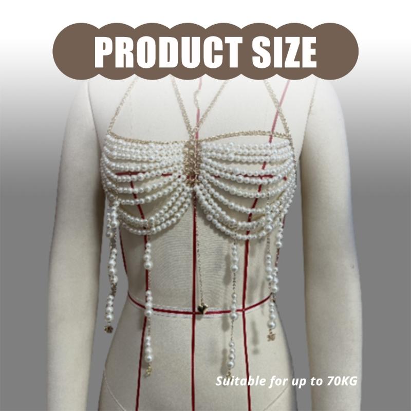 Stylish Pearls Beaded Tassels Halter Neck Bra Chain Crop Top Hollowed Out Body Jewelry Camisole Chest Chain for Festival