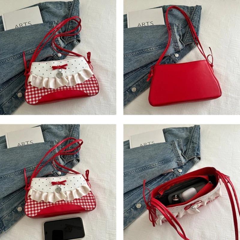 Cute Lace Bow Patchwork Women Shoulder Bags Sweet Plaid Polka Dot Girls Underarm Bag Lightweight Portable Ladies Phe Handbags