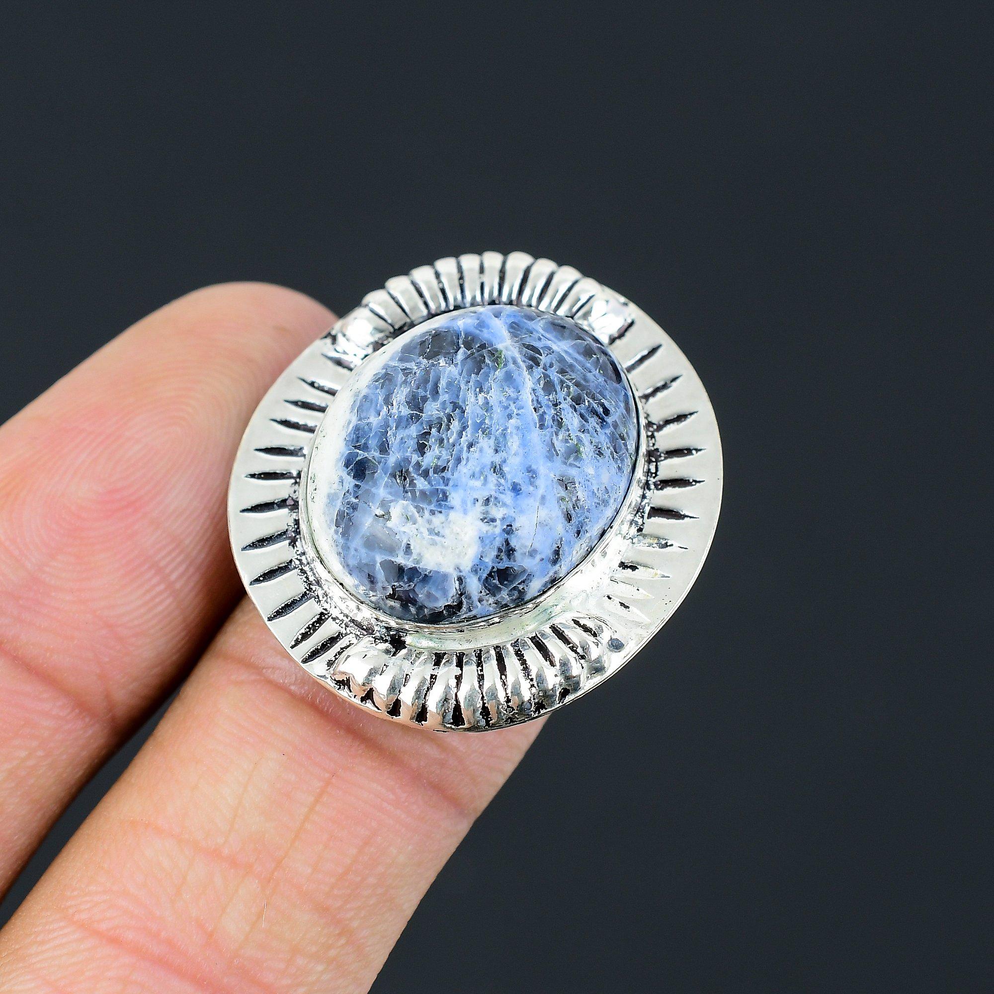Halloween Sale Sterling Silver Oval Sodalite Stone Statement Solitaire Ring US 8 8