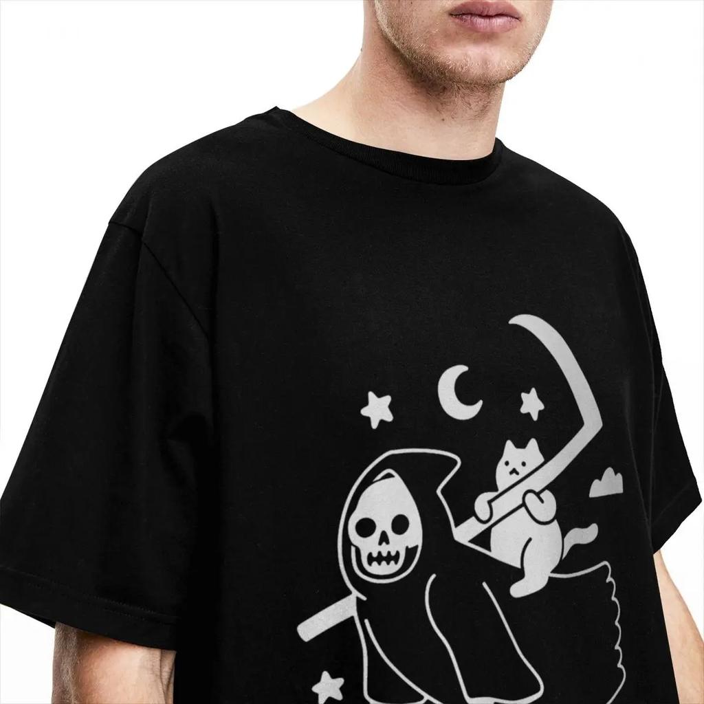 Cat Riding Grim Reaper Goth Merchandise T-Shirt Men Women Gothic Humor Vintage  New Arrival Tee Shirts