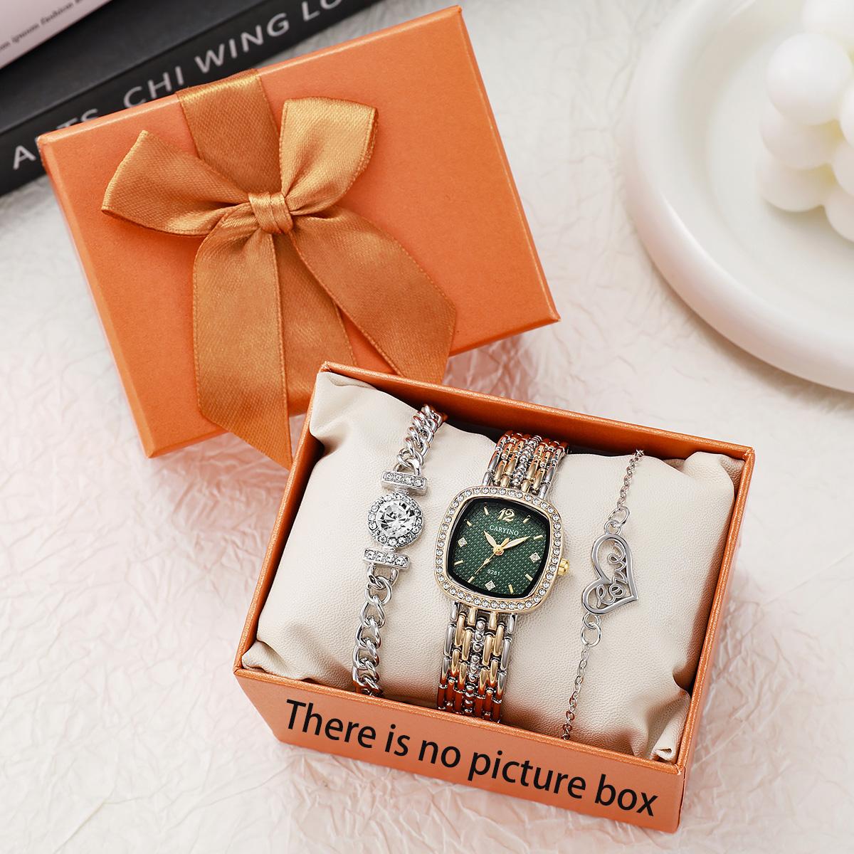 French Elegant Square Diamond-Embedded Quartz Watch Set for Women with Retro Green Dial + Heart Bracelet, a High-End Gift золотой