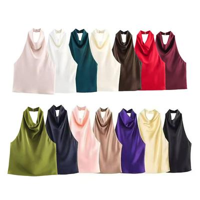Dámský Cropped Top s Hlubokým Výstřihem a Bez Rukávů, Úzký Střih, Elegantní, Jednobarevný Saténový Top