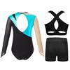 Girls Dance Costume 3 Piece Set Keyhole Back Leotard Mesh Sleeves Contrast Color Vest Rhinestone Shorts