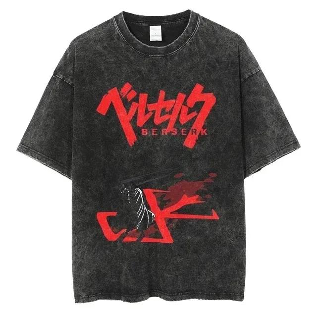 Men Harajuku Black Washed T-Shirt Hip Hop Streetwear Japan Anime Graphic Cotton Casual Oversized Summer Short Sleeve Tops T Shirt