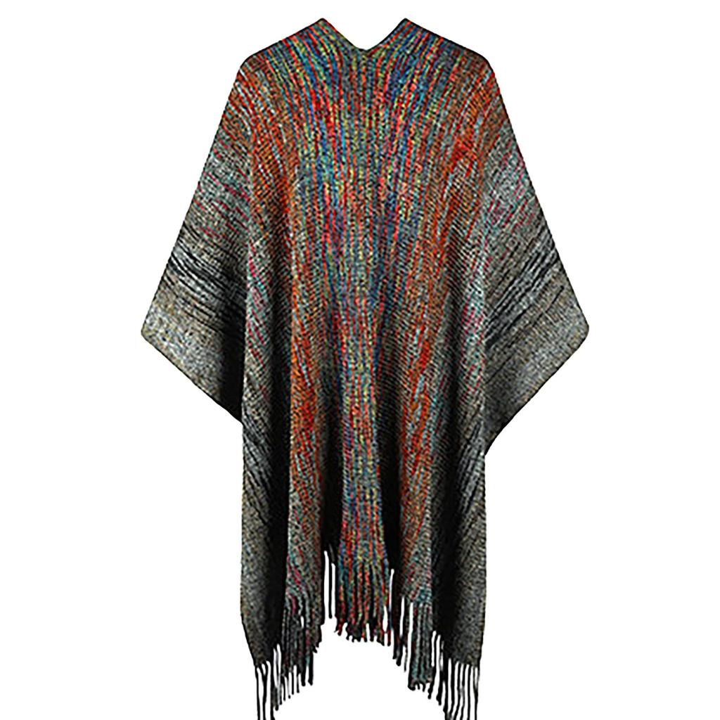 Women's Fashion Warm Retro Daily Contrast Color Ball Tassel Knitted Shawl Jacket Cape Cardigan