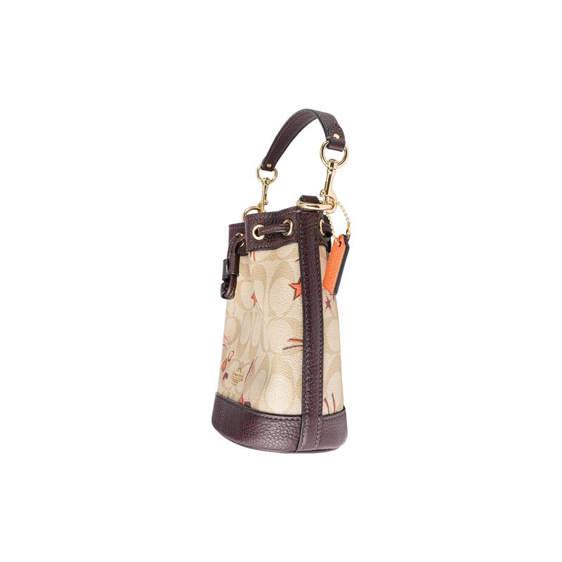 Coach Shoulder Bag Bucket 16 Letter Logo Nameplate Heart Print Drawstring Classic Jacquard Leather Bucket Handbag Small Women's Beige and Dark Brown