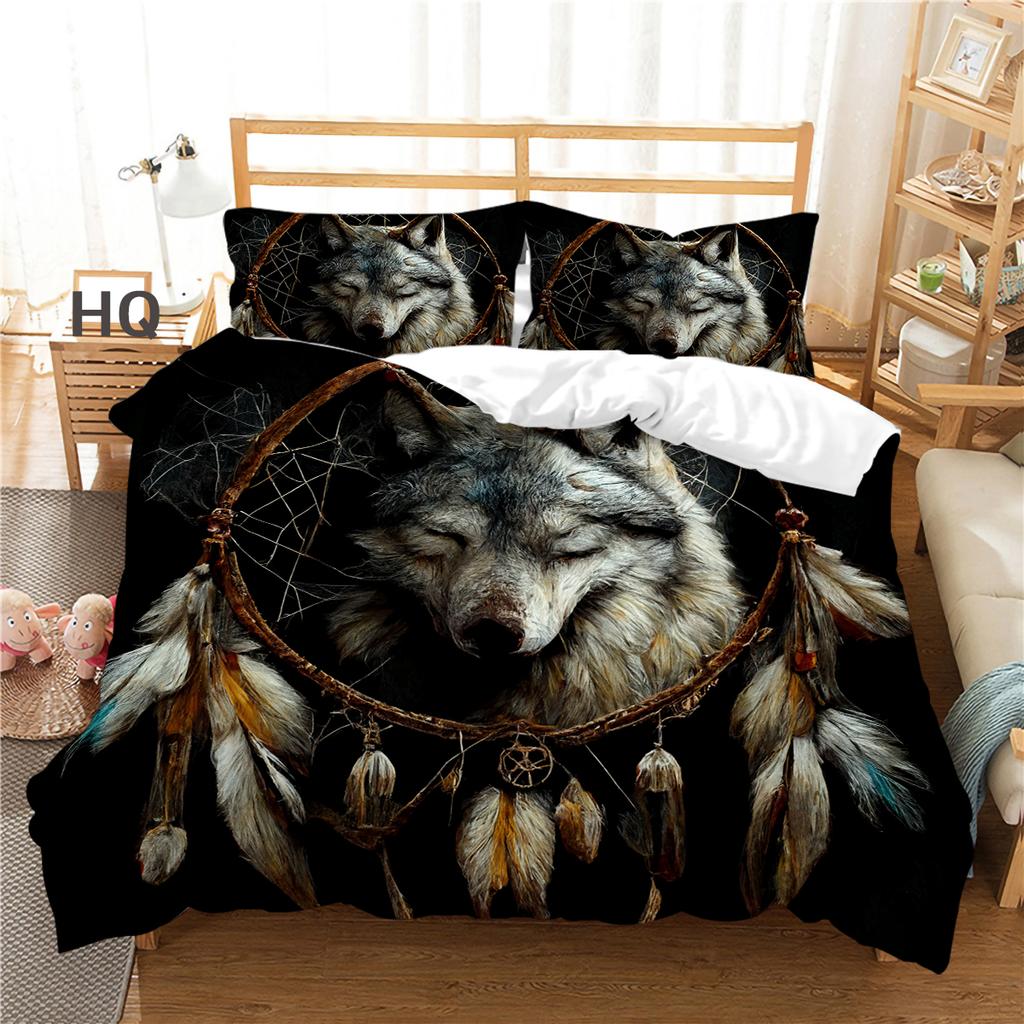 Dream Catcher Home Bedding Set Wolf Pattern Feather Bedding Cover Pillow Cover Bedding Set Single Twin Full Size 2/3 Pieces Microfiber