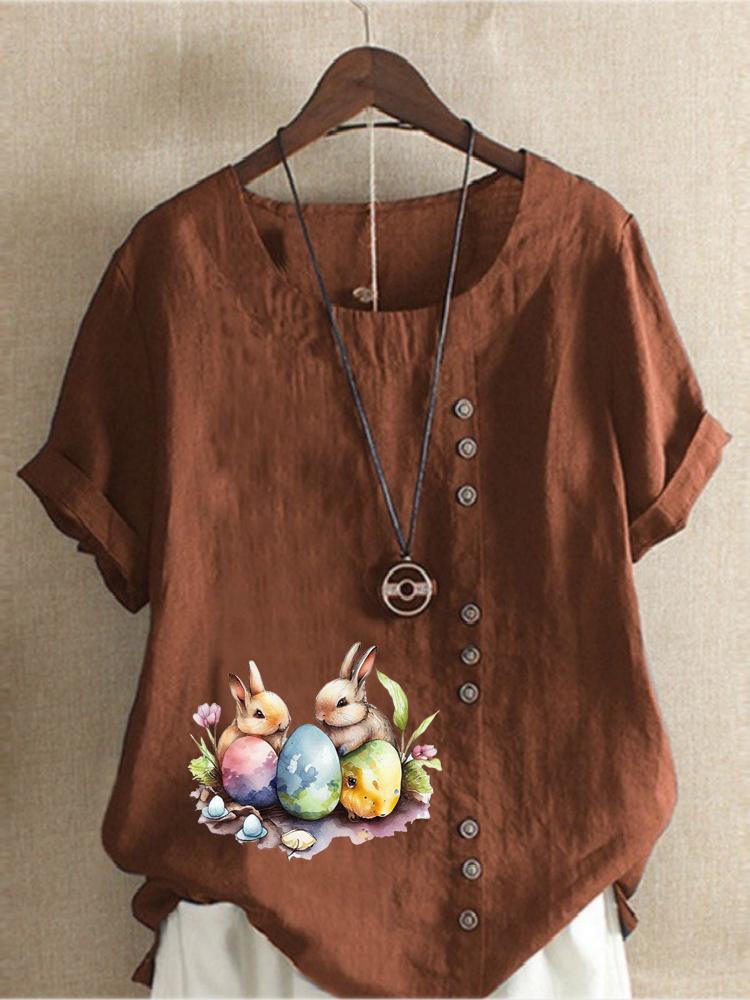 Women's Fashion Rabbit Print Casual Cotton Linen Short Sleeve Round Neck T-shirt Shirt Leisure Loose Summer Blouse Tops