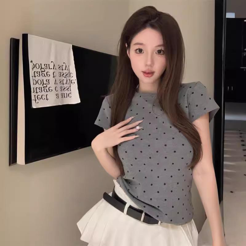 Women's Retro Polka Dot Short Sleeve T-shirt - 2026 Korean Slim Fit Summer Fashion