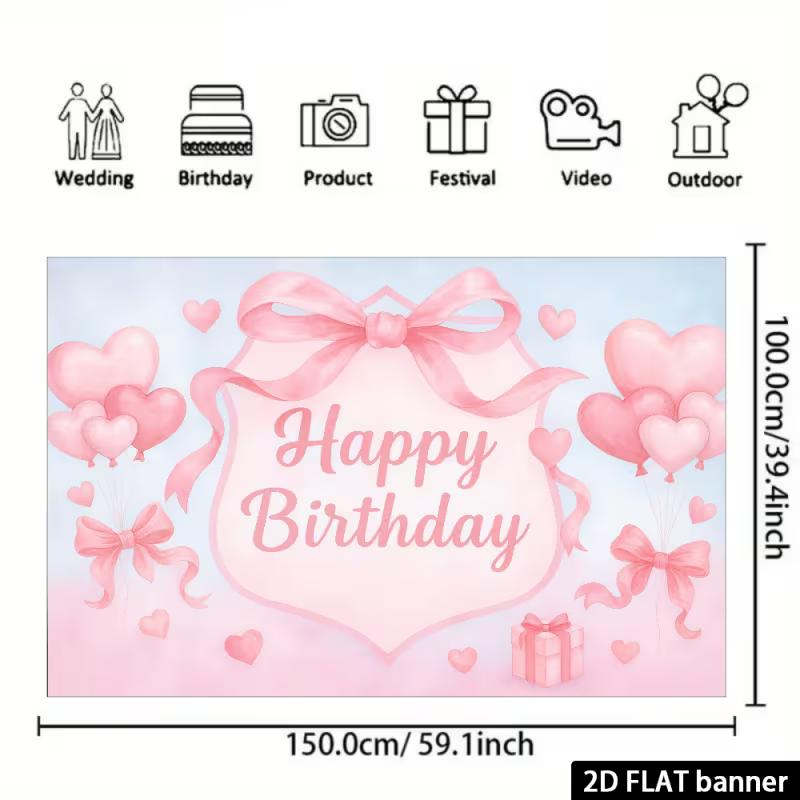2D Flat Soft Pink Birthday Banner Pastel Bow & Heart Themed Backdrop for Baby Shower & Birthday