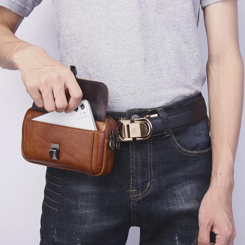 Xiaoduoli Men's Leather Mobile Phone Waist Bag for 5.5"/6.5" Phones with Belt, Cowhide ID Holder 